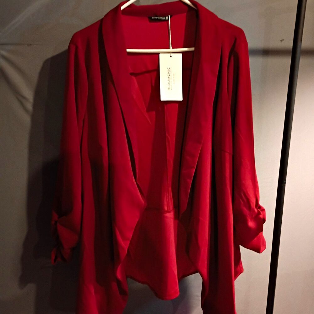 Bloomchic Women's Red Open Front 3/4 Sleeve Collared Jacket 14W